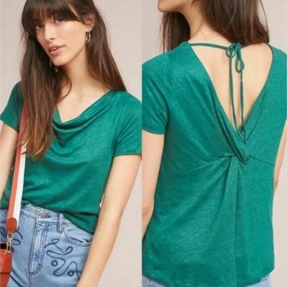 Anthro Maeve Horizon Rear Twist Linen Tee - Picture 1 of 5